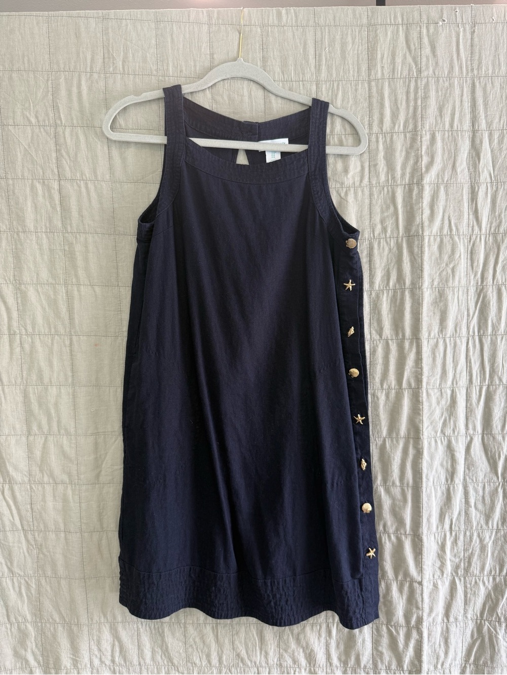 Navy Sleeveless Linen Side-Button Shift Dress